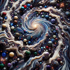 "Envision a galaxy intricately carved from marble, swirling with...