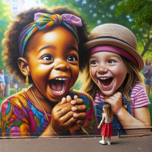 In a lively park scene, a wall painting portrays the anticipatio...