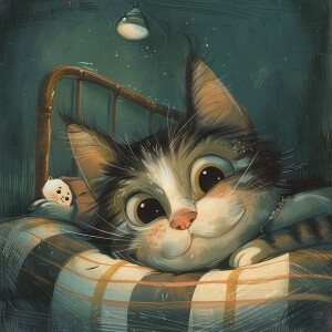 A cartoon of a cat peering over you while you are sleeping