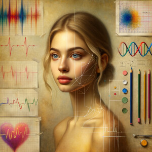 Abstract, minimalist, painting, with pencil line, paint stroke, gestures, colorful marks, mathematical equations, electrical cardiogram, printouts complex math formulas, dna asian teen girl