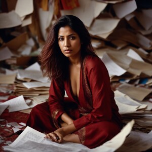 Generate an image of a weary woman with dark red shoulder length...