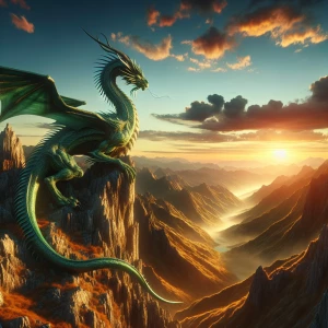 majestic emerald-green dragon perched on a rocky cliff at sunset...