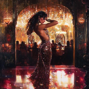 Imagine a dimly lit lounge with a lavish stage where glittering...