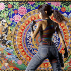 Athletic Thin skinny Attractive, Asian teenage girl, long brown hair and bangs, wearing tight skinny jeans and a halter top paint marks on her clothing, heroic pose Asian graffiti background, backside view