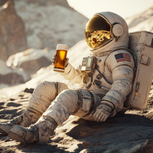Astronaut on the moon enjoying a beer, hyper-realistic, detailed...
