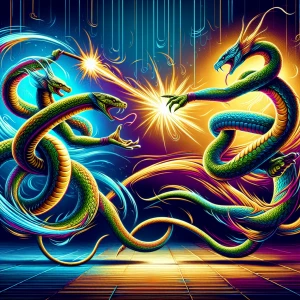 Create an action-packed painting that depicts two snakes engaged...