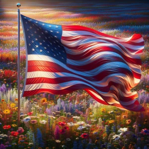 Create a hyper-realistic image of an American flag waving on a f...