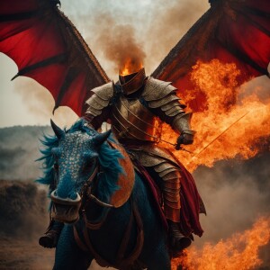 fire knight flies on a dragon in armor