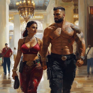 realism,.A sweaty beefy man walking with his 54 year old kashmir...