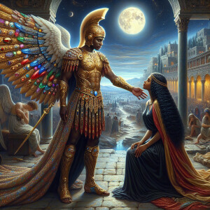 Create an oil painting image featuring a male angel and a grievi...