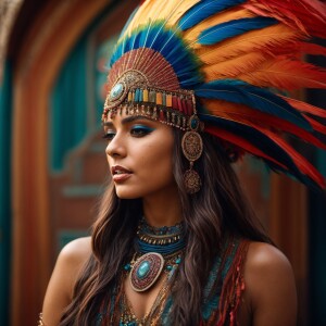 Young woman adorned in a richly decorated headdress, featuring a...