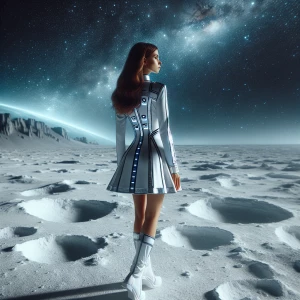 space girl, rear view , beautiful, standing on a white moon-type...