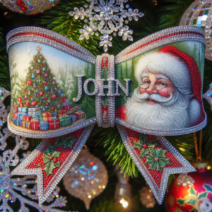 crystallized ribbon name "john" wrapped around a christmas tree...