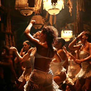 Describe a mesmerizing samba performance in a dimly lit, intimat...
