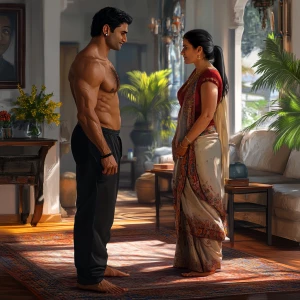 Digital art 1:1, a muscular sweating man standing in his spaciou...