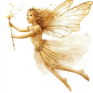 A fairy flying with a golden wand in her hand. She has beautiful...