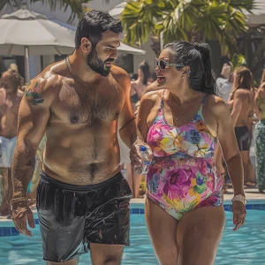 Realism art style,a muscular beefy sweaty man  walking with his...