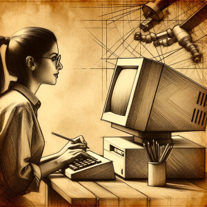 Davinci drawing of a retro modern desktop PC and its user