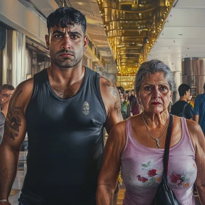 Hyperrealism art.A sweaty beefy muscular son in law criminal wal...