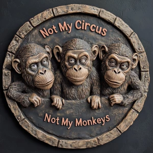 Three monkeys that look like the three stooges, around outer edg...