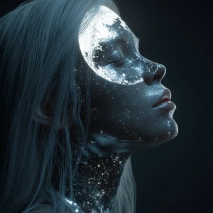 A luminous silver-skinned woman with hyper-detailed skin texture...