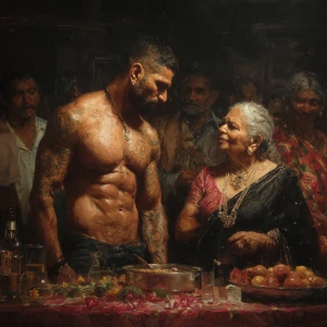 Hyperrealism,oil paint .a muscular beefy sweaty tattoed indian m...