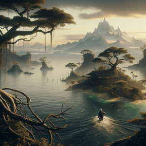 A gray-haired fisherman swam to an island on which old trees wit...