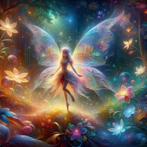 A whimsically enchanting fairy, her delicate wings shimmering wi...