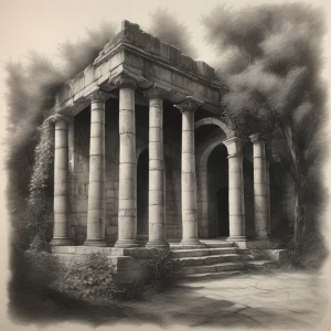 A more detailed charcoal study of an ancient ruin, with arches and columns framed by overgrown vines, showing texture and depth through delicate shading and line work.