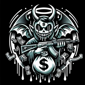 Design a cartoon-style circular logo featuring a cheeky demon we...