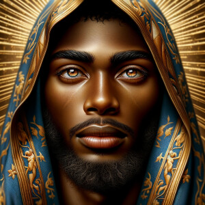 Create a beautiful African-American Jesus Christ with Hazel, brown eyes and blue and gold robe