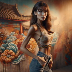 Athletic Thin skinny Attractive, Asian teenage girl, long brown hair and bangs, wearing tight skinny jeans and a halter top paint marks on her clothing, heroic pose Asian graffiti background, side view