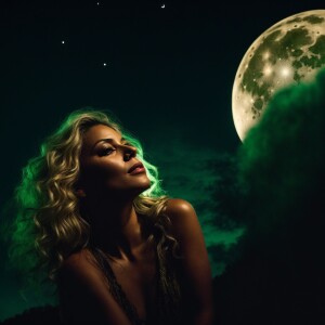 Create a latina sexy 52 year old woman with green big eyes and l...