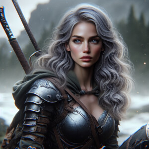 A beautiful huntress from the “Monster Hunter” series with dark...