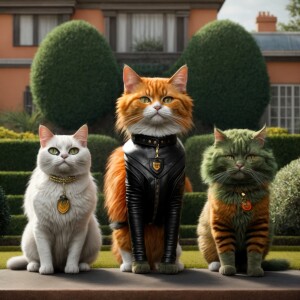 Image is a hyper realistic featuring three anthropomorphic cats...