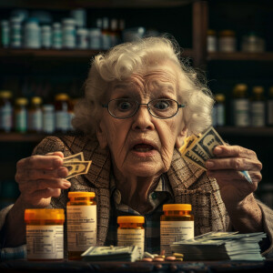 Create a realistic picture of a senior citizen looking at prescr...