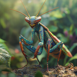 Design a hyper-realistic 3D rendering of an anthropomorphic pray...