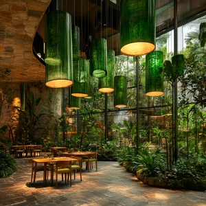 Tropical forest and  stone indoor outdoor restaurant with huge c...