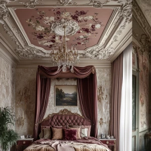photo of a baroque palace bedroom with canopy bed, baroque class...
