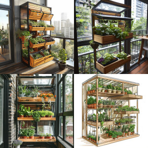 Create a design for a balcony greenhouse that maximizes space ef...