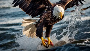 Bald eagle with fish in talons they just pulled from the water,...