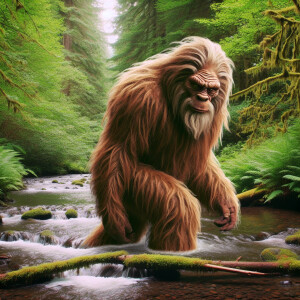 Create an image of a Sasquatch blending Neanderthal features, li...