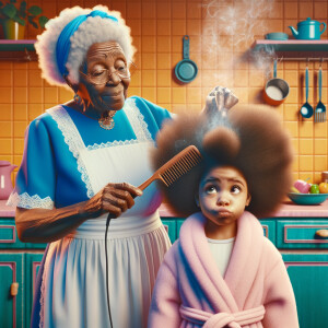 Create a realistic 3-D image of an african-American grandmother wearing a blue house dress and a white apron . She is in the kitchen with her african-American granddaughter. Her granddaughter is wearing a pink bath robe. The grandmother has a hot comb in her hand and she is straightening her granddaughters hair. One side of her granddaughters hair is in  a Afro the other straight 
There is smoke coming from the hot comb
The granddaughter is making a face