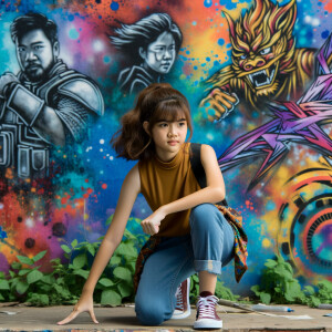 teenage girl, long brown hair and bangs, wearing tight skinny jeans and a halter top paint marks on her clothing, heroic pose Asian graffiti background, nearing on one knee