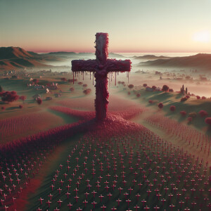 مئات الصلبان الصغيرة يتوسطها صليب كبير مخضب بالدماء