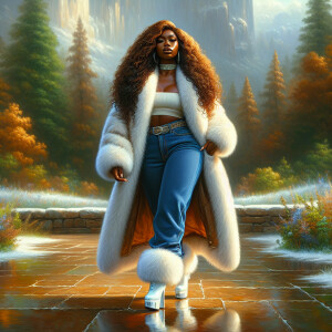 Craft a 4K glossy oil painting portraying a regal, plus-size Afr...