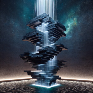 Design an image of floating waterfall fountain constructed from...