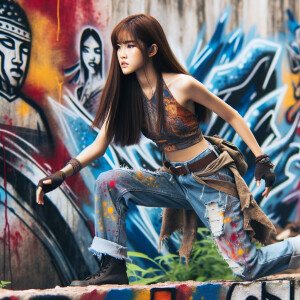 teenage girl, long brown hair and bangs, wearing tight skinny jeans and a halter top paint marks on her clothing, heroic pose Asian graffiti background, nearing on one knee