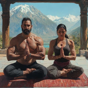 Realism art 1:1,A muscular beefy sweaty  man and his 50-year-old...