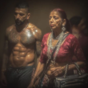 Realism,photo painting,A sweaty beefy kashmiri man walking with...